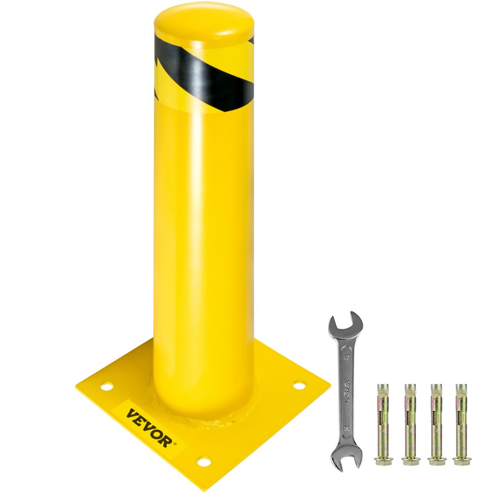 VEVOR Safety Bollard 24"x4.5" Safety Barrier Bollard 4-1/2" OD 24" Height Yellow Powder Coat Pipe Steel Safety Barrier with 4 Free Anchor Bolts for Traffic-Sensitive Area - AQZ24X4.5INHS0001V0