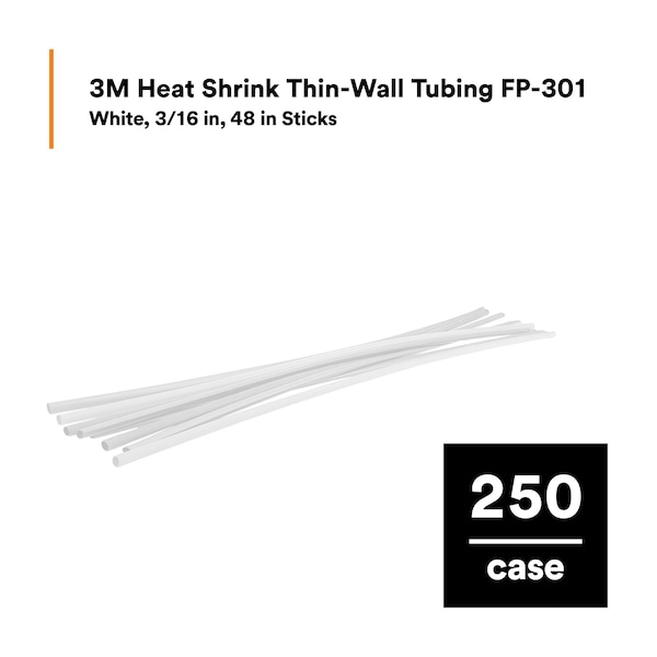 3M Heat Shrink Tube, Thin Wall, 2:1 I.D. Shrink Ratio, 0.19 in I.D. Before Shrinking, White, 4 ft - FP-301-3/16-WHITE-4'-BULK