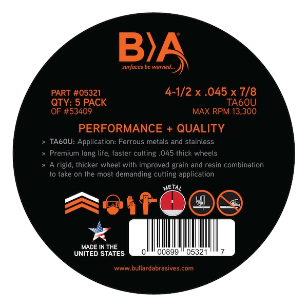 Rueda de corte abrasiva Bullard, 4-1/2 x .045 x 7/8 T1, paquete de 5 - 5321
