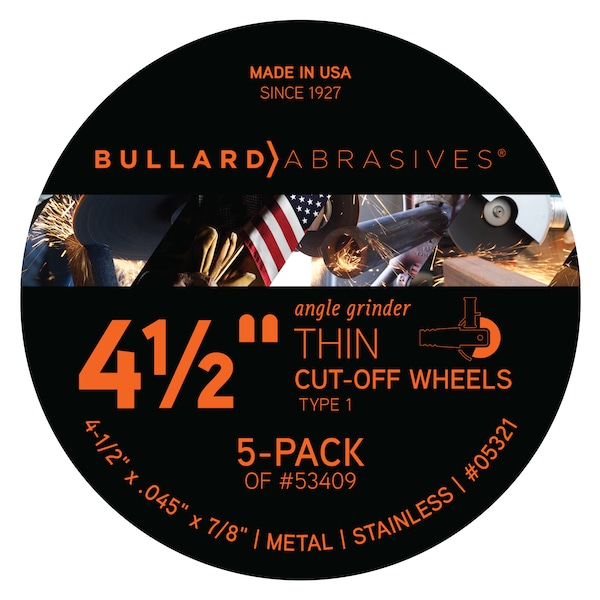 Rueda de corte abrasiva Bullard, 4-1/2 x .045 x 7/8 T1, paquete de 5 - 5321