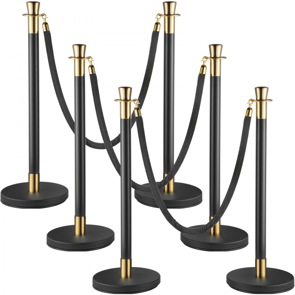 VEVOR Crowd Control Stanchion, Set of 6 Pieces Stanchion Set, Stanchion Set with 5 ft/1.5 m Black Velvet Rope, Black Crowd Control Barrier w/Sturdy Concrete and Metal Base – Easy Connect Assembly - GLZHSHRSJTHG69AV4V0