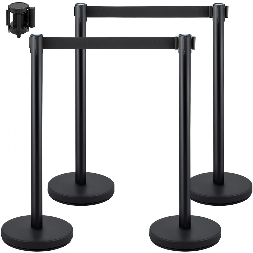 VEVOR Crowd Control Stanchion, Set of 4 Pieces Stanchion Set, Stanchion Set with 6.6 ft/2 m Black Retractable Belt, Black Crowd Control Barrier w/Concrete and Metal Base – Easy Connect Assembly - GLZHSHDJTZGT4HKJUV0
