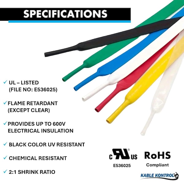 Kable Kontrol 2:1 Polyolefin Heat Shrink Tubing, 1/4in ID, 100ft L, Yellow / Green - HS359-S100-YG