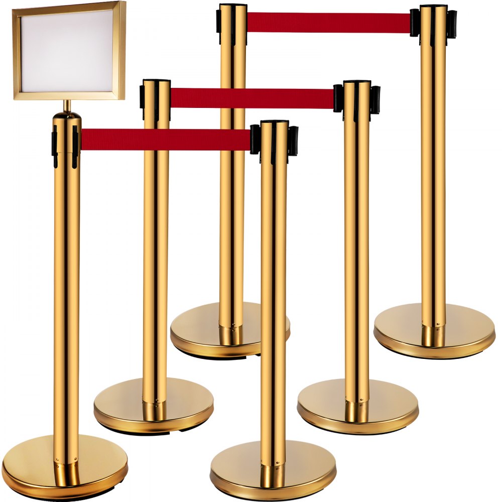 VEVOR Stanchion Post Barriers 4-Set Line Dividers, Stainless Steel Stanchions with 6.6 Red Retractable Belts, Stanchions with One Sign Frame, 34.6 Queue Safety Stanchions (Gold) - GLZ-CBTZ-JS-6JT01V0