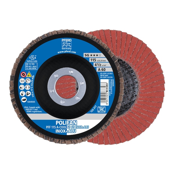 Disco de láminas POLIFAN® de 4-1/2" x 7/8" A.H. - A-COOL SG INOX+ALU, óxido de aluminio, 60 granos, plano - 62362