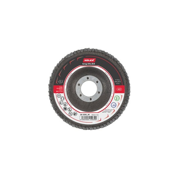 Disco de aletas abrasivas de larga vida Holex ZA, cónico, Dia 115 mm, Grano: 40 - 565284 40.