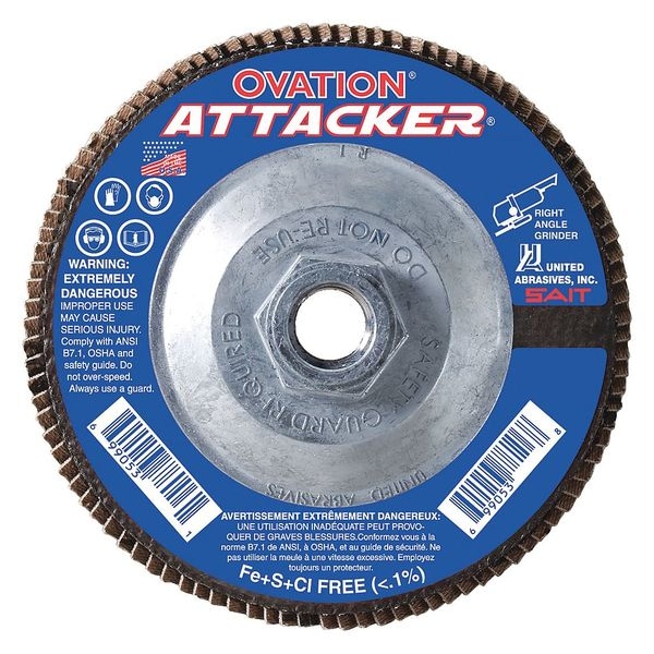 United Abrasives/Sait 76348 Ovation® Attacker High Density Fiberglass Backed Flap Disc (Tipo 27) 6" x 5/8"-11, 60 Grit, Paquete de 10 - 76348