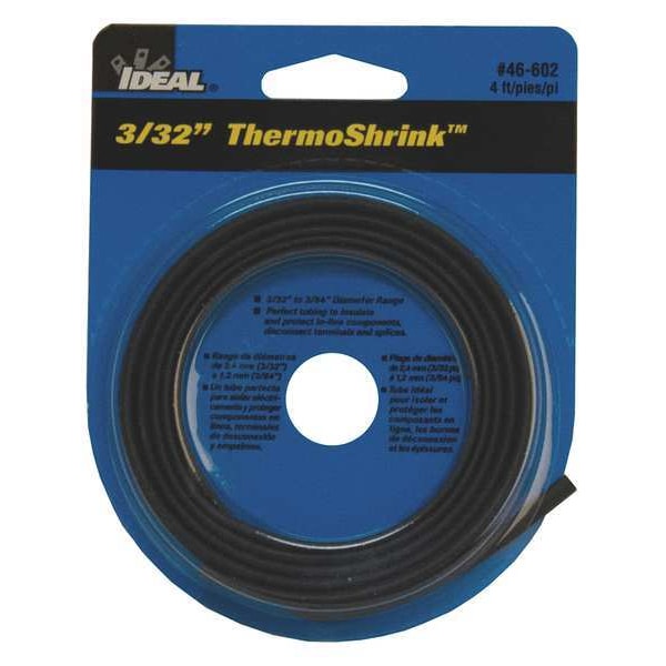 Ideal Heat Shrink Tube, Thin Wall, 2:1 I.D. Shrink Ratio, 0.12 in I.D. Before Shrinking, Black, 4 ft - 46-602
