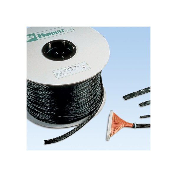 Panduit Braided Cable Sleeve, 2 in Inside Dia., 3-1/2 in Max Bundle Dia., 200 ft, Black - SE200P-TR0