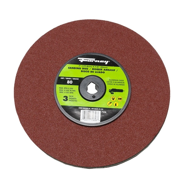 Disco de Lijado de Fibra de Resina Forney, Óxido de Aluminio, 7 pulgadas x 7/8 pulgadas de Arbor, 80 granos - 71656