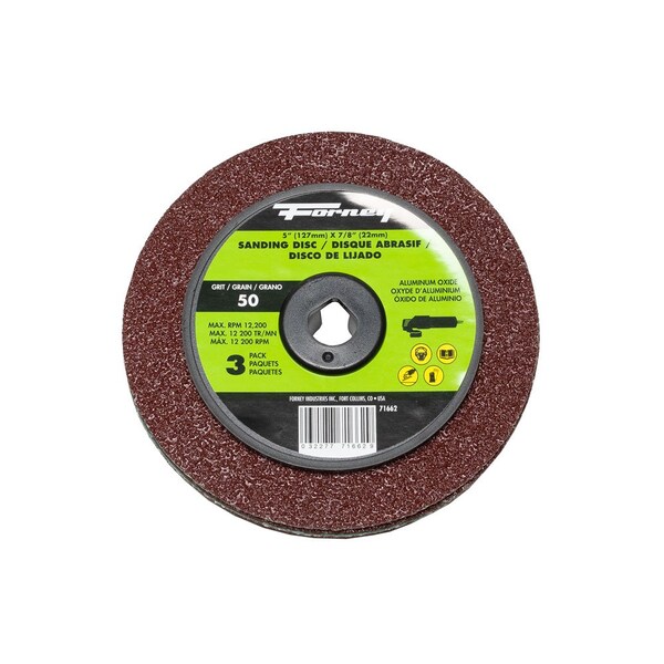 Disco de lijado de fibra de resina Forney, óxido de aluminio, 5 pulgadas x 7/8 pulgadas Arbor, 50 granos - 71662