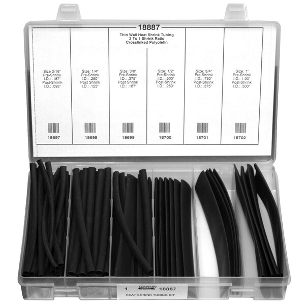 Auveco Heat Shrink Tube Kit, Thin Wall, 2:1 I.D. Shrink Ratio, Black, 6 in - 18887