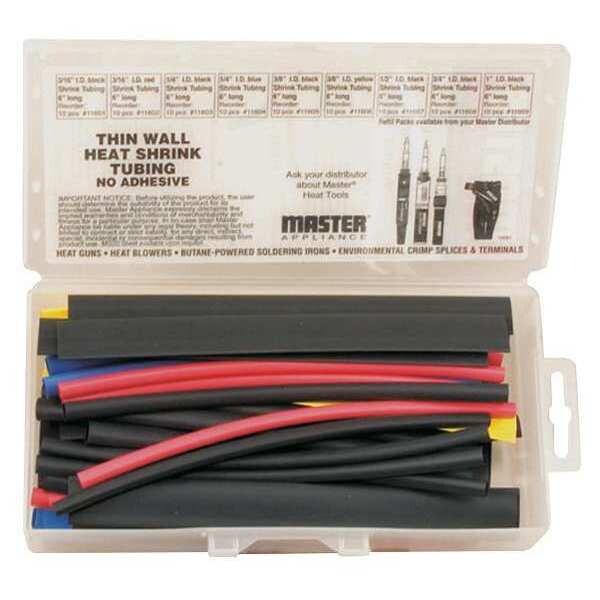 Master Appliance Heat Shrink Tube, Thin Wall, 2:1 I.D. Shrink Ratio, Black, Blue, Red, Yellow, 6 in - 10061