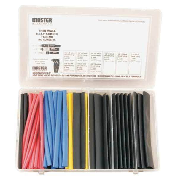 Master Appliance Heat Shrink Tube, Thin Wall, 2:1 I.D. Shrink Ratio, Black, Blue, Red, Yellow, 6 in - 10062