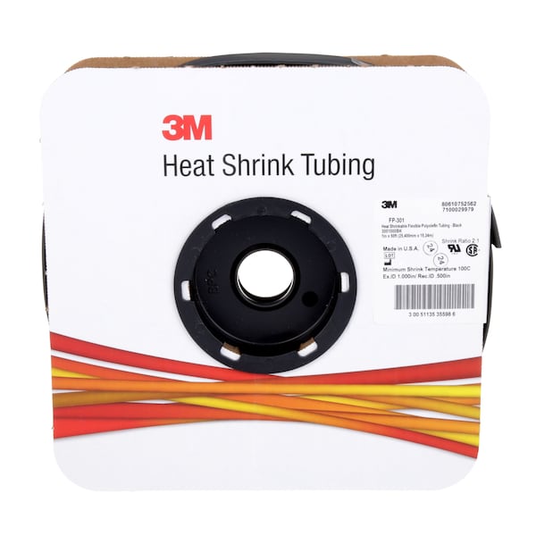 3M Heat Shrink Tube, Thin Wall, 2:1 I.D. Shrink Ratio, 1 in I.D. Before Shrinking, Black, 50 ft - FP301-1-50'-BLACK-SPOOL