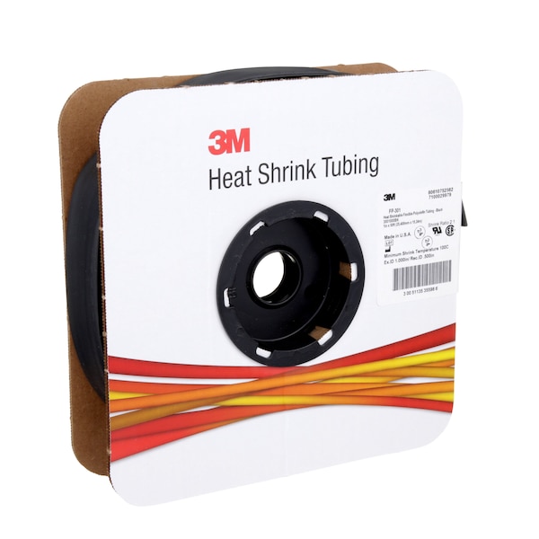 3M Heat Shrink Tube, Thin Wall, 2:1 I.D. Shrink Ratio, 1 in I.D. Before Shrinking, Black, 50 ft - FP301-1-50'-BLACK-SPOOL