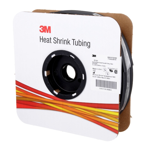 3M Heat Shrink Tube, Thin Wall, 2:1 I.D. Shrink Ratio, 1 in I.D. Before Shrinking, Black, 50 ft - FP301-1-50'-BLACK-SPOOL