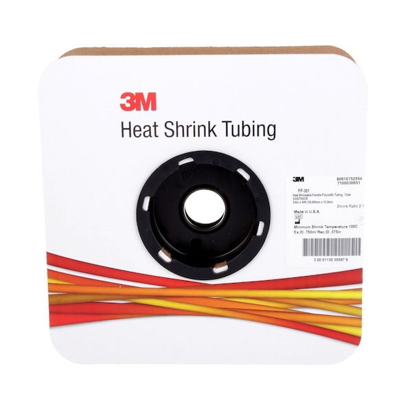 3M Heat Shrink Tube, Single Wall, Thin Wall, 2:1 I.D. Shrink Ratio, 0.75 in I.D. Before Shrinking - FP301-3/4-50'-CLEAR-SPOOL