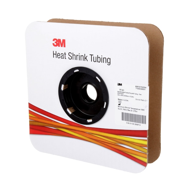 3M Heat Shrink Tube, Single Wall, Thin Wall, 2:1 I.D. Shrink Ratio, 0.75 in I.D. Before Shrinking - FP301-3/4-50'-CLEAR-SPOOL
