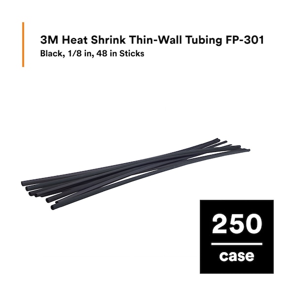 3M Heat Shrink Tube, Thin Wall, 2:1 I.D. Shrink Ratio, 0.13 in I.D. Before Shrinking, Black, 4 ft - FP-301-1/8-BLACK-4'-BULK