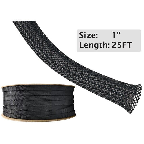 Electriduct Braided Cable Sleeve, 1 in Inside Dia., 1.37 in Max Bundle Dia., 10 ft, Polyethylene Terephthalate - BS-XO-100-25BP-BK