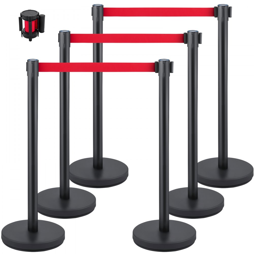 VEVOR Crowd Control Stanchion, Set of 6 Pieces Stanchion Set, Stanchion Set w/ 6.6 ft/2 m Red Retractable Belt, Crowd Control Barrier w/Rubber Base – Easy Connect Assembly for Crowd Control (Black) - GLZHSHDJTZGX6TVTYV0