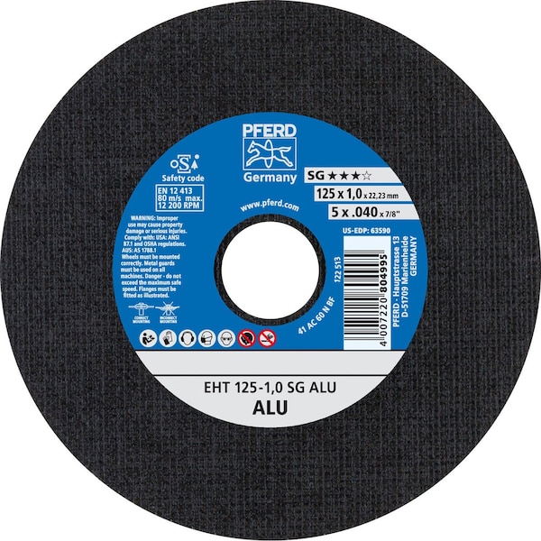 Pferd 63590 Rueda de Corte 5 pulgadas x .040 pulgadas 7/8 pulgadas AH 1.0mm A 60 N SG ALU Tipo 1 - 63590-PFERD