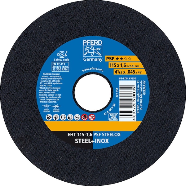 Pferd 63550 4-1/2in x .045in Rueda de Corte con 7/8in AH A46P PSF-INOX Tipo 1 - 63550-PFERD