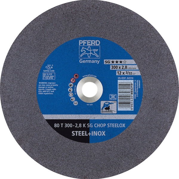 Rueda de corte Pferd 64510 de 12 pulgadas x 3/32 pulgadas, 1 pulgada AH A 36 K SG-CHOP INOX - 64510-PFERD