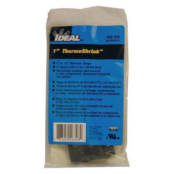 Ideal Heat Shrink Tube, Thin Wall, 2:1 I.D. Shrink Ratio, 1.04 in I.D. Before Shrinking, Black, 6 in - 46-328
