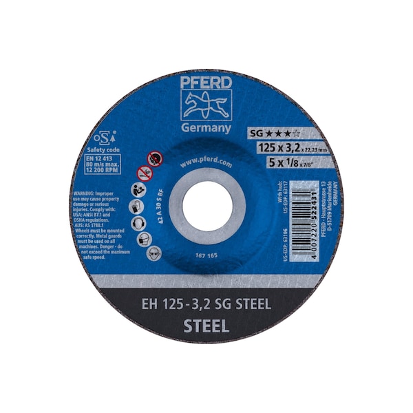 Disco de corte Pferd de 5" x 1/8", agujero de 7/8" - ACERO SG - Tipo 27 - 63106