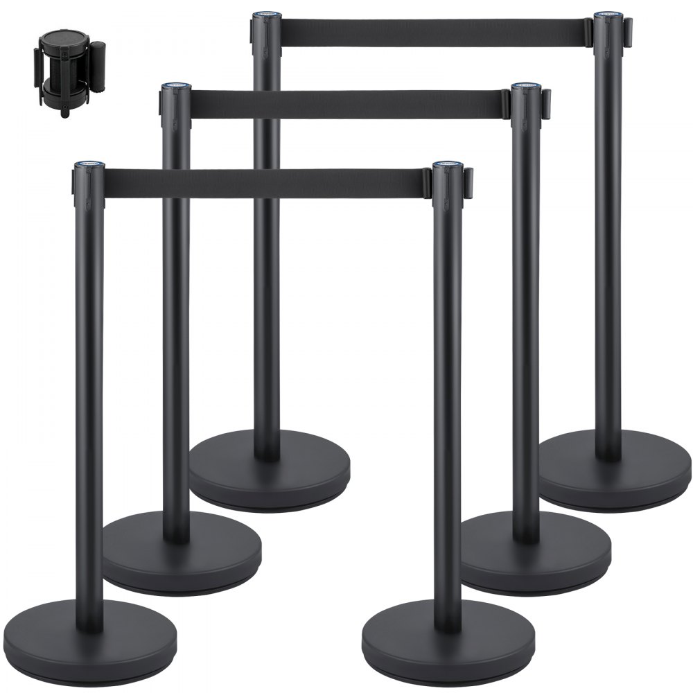 VEVOR Crowd Control Stanchion, Set of 6 Pieces Stanchion Set, Stanchion Set with 6.6 ft/2 m Black Retractable Belt, Black Crowd Control Barrier w/Concrete and Metal Base - Easy Connect Assembly - GLZHSHDJTZGT6K2UKV0