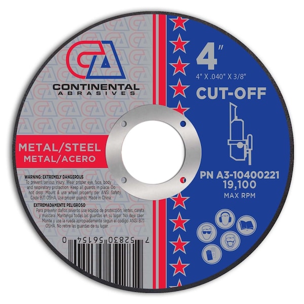 Rueda de corte delgada premium Continental Abrasives de 4" x .040" x 3/8" - A3-10400221