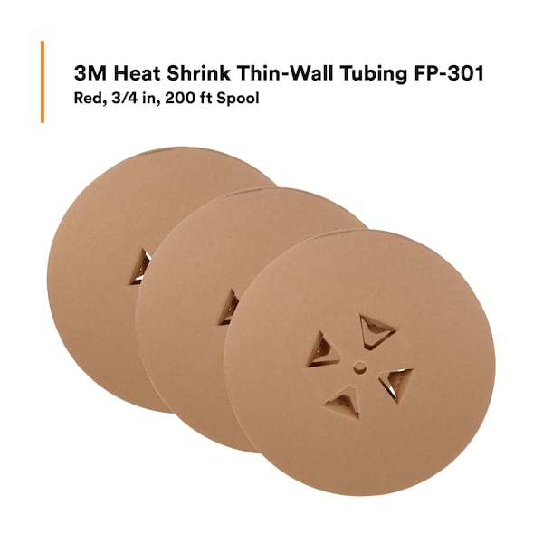 3M Heat Shrink Tube, Thin Wall, 2:1 I.D. Shrink Ratio, 0.75 in I.D. Before Shrinking, Red, 200 ft - FP301-3/4-200'-RED-SPOOL