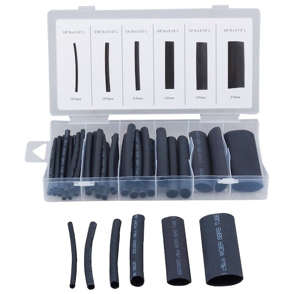 Prosource Heat Shrink Tube Assortment, 1/8 in, 3/16 in, 1/4 in, 3/8 in, 1/2 in, 3/4 in, Black, 3-1/2 in - 60235