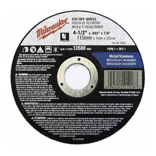 Herramienta Milwaukee 4 1/2 pulgadas X .045 X 7/8 Arbor A60T Rueda de corte de tipo 27 - ML49-94-4505