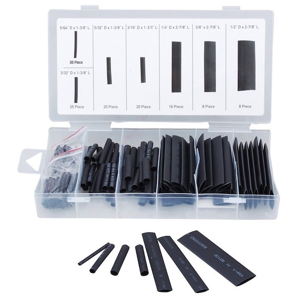 Prosource Heat Shrink Tube Assortment, 5/64 in, 3/32 in, 5/32 in, 3/16 in, 1/4 in, 3/8 in, 1/2 in, Black - 60241