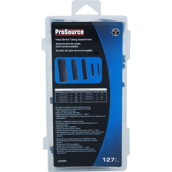 Prosource Heat Shrink Tube Assortment, 5/64 in, 3/32 in, 5/32 in, 3/16 in, 1/4 in, 3/8 in, 1/2 in, Black - 60241