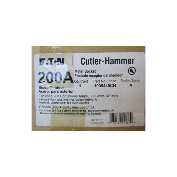 Eaton Meter Sockets Ring-Type 1P 200A 600VAC 50/60Hz 1Ph 3Wire 4Jaws NEMA Type 3R - 1009449CH
