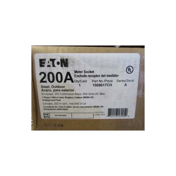 Eaton Meter Sockets Ringless 200A 600V 50/60Hz 1Ph 3Wire 4Jaws NEMA Type 3R - 1008617CH