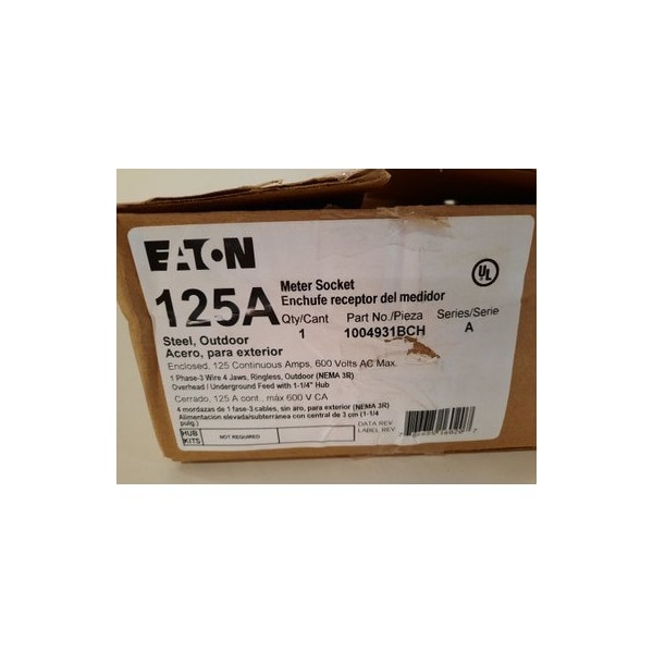 Eaton Meter Sockets Ringless 125A 600V 50/60Hz 1Ph 3Wire  Outdoor - 1004931BCH