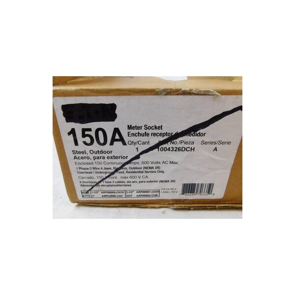 Eaton Meter Sockets Ringless 150A 600V 50/60Hz 1Ph 3Wire 4Jaws NEMA Type 3R - 1004326DCH