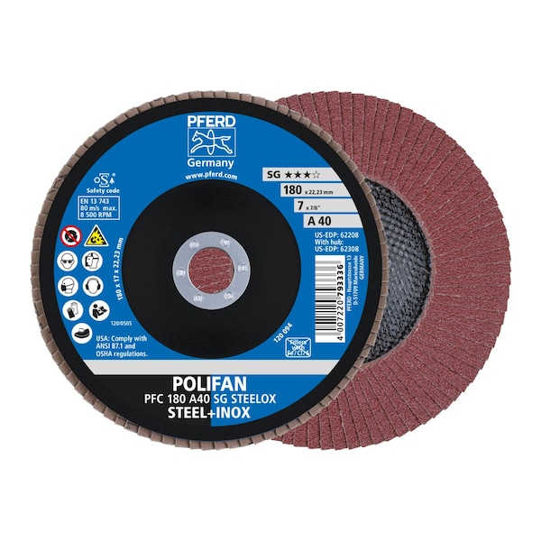 Disco de láminas POLIFAN® de 7" x 7/8" A.H. - A SG STEELOX, Óxido de aluminio, 40 granos, Cónico - 62208