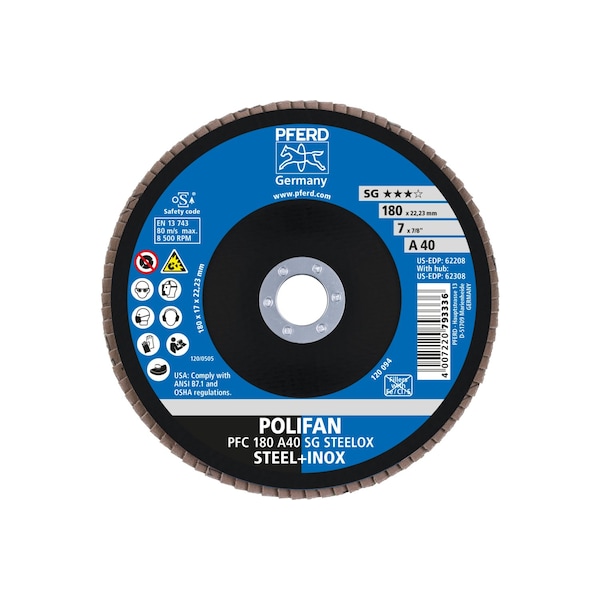 Disco de láminas POLIFAN® de 7" x 7/8" A.H. - A SG STEELOX, Óxido de aluminio, 40 granos, Cónico - 62208