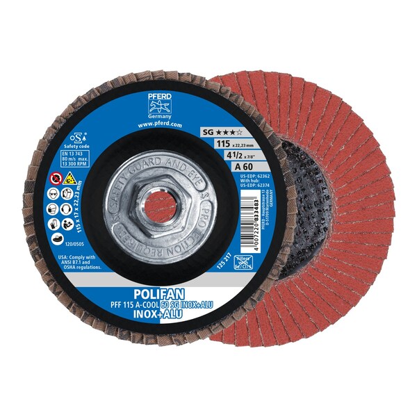 Disco de láminas POLIFAN® Pferd de x 5/8-11 Thd. - A-COOL SG INOX+ALU, Óxido de aluminio, 60 Granos, Plano - 62374