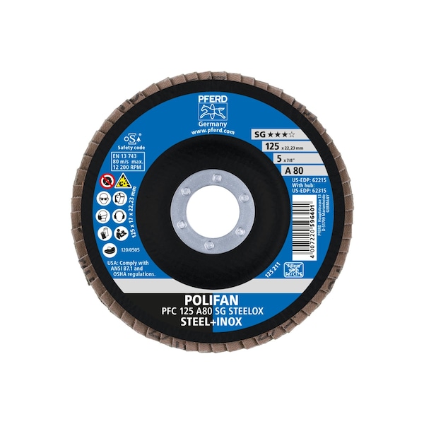 Disco de láminas POLIFAN® de 5" x 7/8" A.H. - A SG STEELOX, óxido de aluminio, 80 granos, cónico - 62215