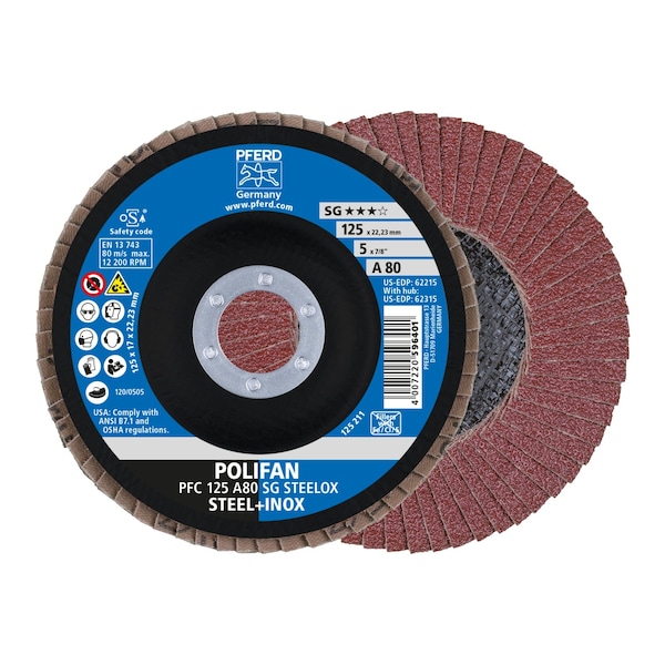 Disco de láminas POLIFAN® de 5" x 7/8" A.H. - A SG STEELOX, óxido de aluminio, 80 granos, cónico - 62215