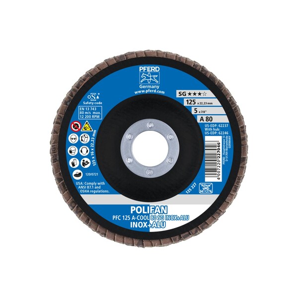 Disco de láminas Pferd 5" x 7/8" A.H. POLIFAN® - A-COOL SG INOX+ALU, Óxido de aluminio, 80 granos, Cónico - 62237