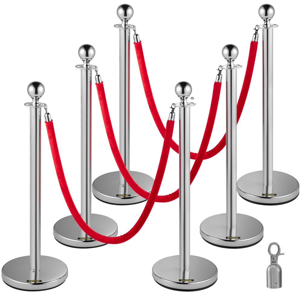 VEVOR 6 PCS Silver Stanchions Posts Stainless Steel Stanchion Queue Post Red Rope Retractable 38In for Both Indoor and Outdoor use. - GLZYS1.5M3RS6JTZHV0
