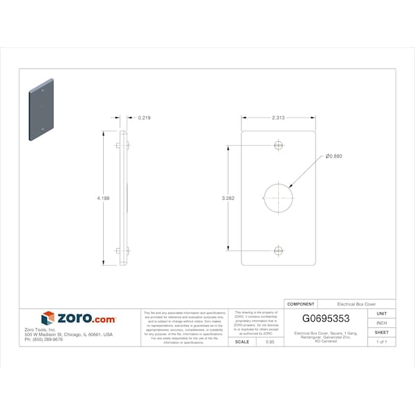 Raco Electrical Box Cover, Square Box Type, 1 Gang, Galvanized Zinc, KO Centered Cover - 861
